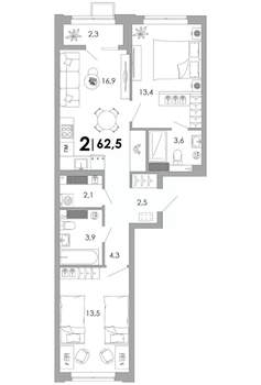 2-к квартира, вторичка, 63м2, 7/16 этаж