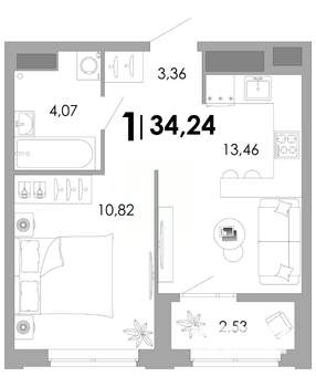 1-к квартира, вторичка, 34м2, 16/17 этаж