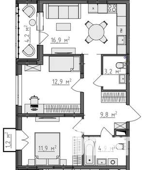 2-к квартира, вторичка, 62м2, 2/9 этаж