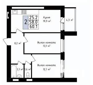 2-к квартира, вторичка, 60м2, 13/14 этаж