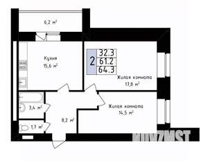 2-к квартира, вторичка, 64м2, 1/14 этаж