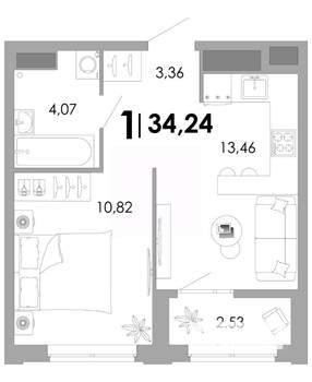 1-к квартира, вторичка, 34м2, 12/17 этаж