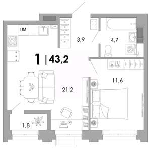 1-к квартира, вторичка, 43м2, 2/16 этаж