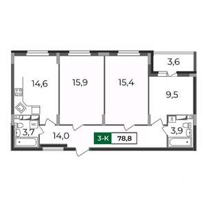 3-к квартира, строящийся дом, 79м2, 15/17 этаж