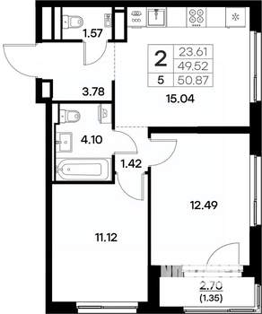 2-к квартира, вторичка, 51м2, 2/17 этаж