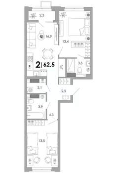 2-к квартира, вторичка, 63м2, 4/16 этаж