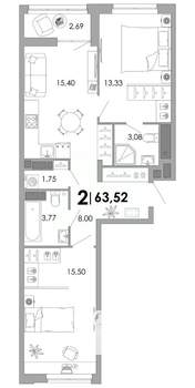 2-к квартира, вторичка, 64м2, 16/17 этаж