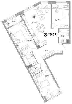 3-к квартира, вторичка, 99м2, 2/17 этаж