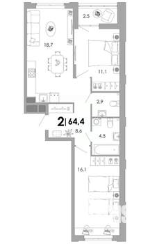 2-к квартира, строящийся дом, 64м2, 2/17 этаж