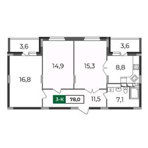3-к квартира, строящийся дом, 78м2, 1/17 этаж