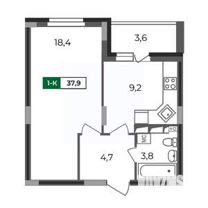1-к квартира, строящийся дом, 38м2, 2/17 этаж