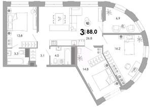 3-к квартира, строящийся дом, 88м2, 8/17 этаж