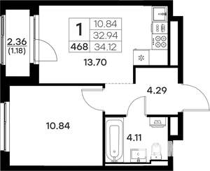 1-к квартира, вторичка, 34м2, 3/17 этаж