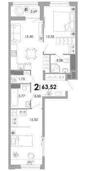 2-к квартира, вторичка, 64м2, 5/17 этаж