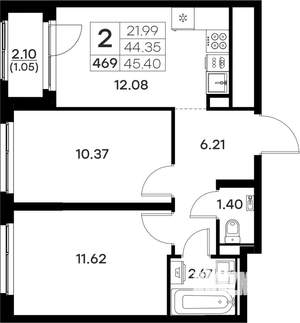 2-к квартира, вторичка, 45м2, 3/17 этаж