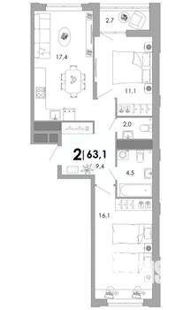 2-к квартира, строящийся дом, 63м2, 4/17 этаж