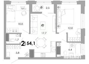 2-к квартира, вторичка, 54м2, 15/17 этаж