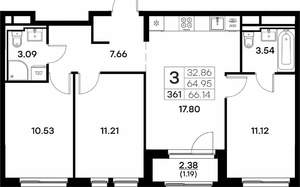 3-к квартира, вторичка, 66м2, 4/17 этаж