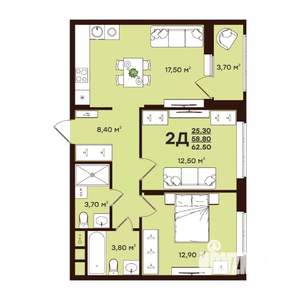 2-к квартира, строящийся дом, 63м2, 8/17 этаж