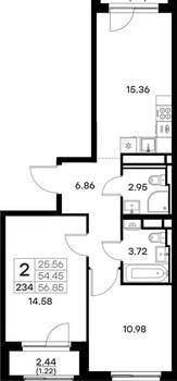 2-к квартира, вторичка, 57м2, 4/17 этаж