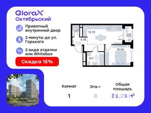 1-к квартира, вторичка, 35м2, 8/17 этаж