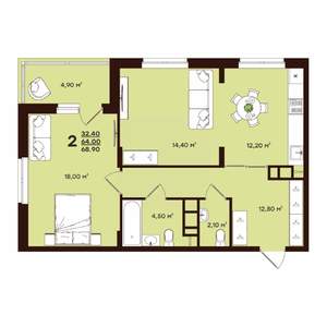 2-к квартира, строящийся дом, 69м2, 14/17 этаж