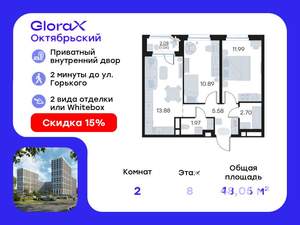2-к квартира, вторичка, 48м2, 8/17 этаж