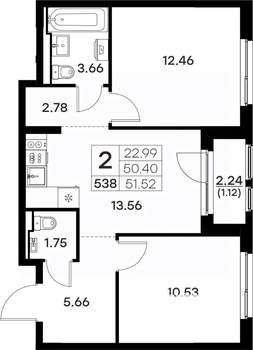 2-к квартира, вторичка, 52м2, 9/17 этаж
