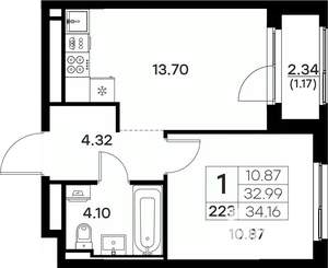 1-к квартира, вторичка, 34м2, 4/17 этаж