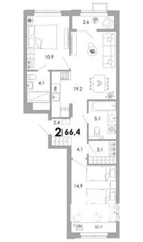 2-к квартира, вторичка, 66м2, 2/16 этаж