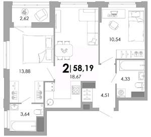 2-к квартира, вторичка, 58м2, 6/17 этаж