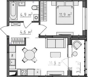 1-к квартира, вторичка, 40м2, 2/9 этаж