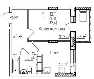 1-к квартира, строящийся дом, 32м2, 16/17 этаж