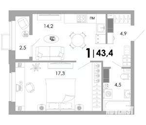 1-к квартира, вторичка, 43м2, 12/16 этаж