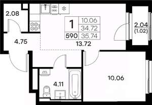1-к квартира, вторичка, 36м2, 2/17 этаж