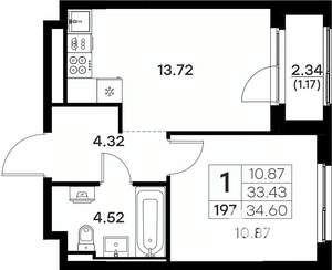 1-к квартира, вторичка, 35м2, 2/17 этаж