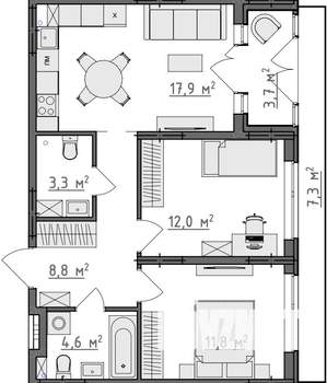 2-к квартира, вторичка, 62м2, 1/9 этаж
