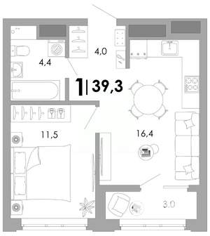 1-к квартира, вторичка, 39м2, 14/17 этаж