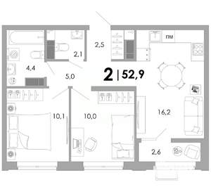 2-к квартира, вторичка, 53м2, 10/16 этаж