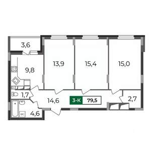 3-к квартира, строящийся дом, 80м2, 11/17 этаж