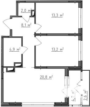 2-к квартира, вторичка, 65м2, 4/9 этаж