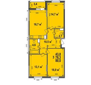 3-к квартира, строящийся дом, 80м2, 16/17 этаж