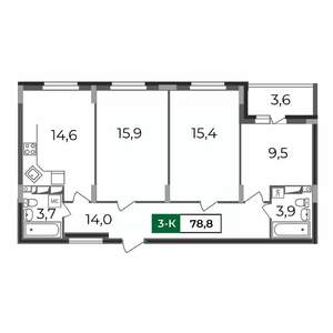 3-к квартира, строящийся дом, 79м2, 7/17 этаж