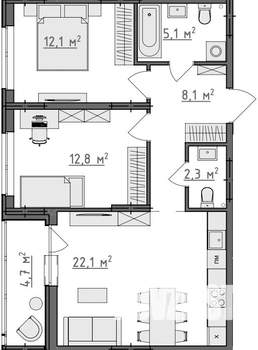 2-к квартира, вторичка, 65м2, 1/9 этаж