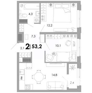 2-к квартира, вторичка, 53м2, 6/16 этаж