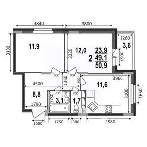 2-к квартира, строящийся дом, 51м2, 1/17 этаж