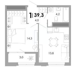 1-к квартира, строящийся дом, 39м2, 14/17 этаж