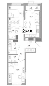 2-к квартира, вторичка, 66м2, 10/16 этаж