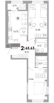 2-к квартира, вторичка, 66м2, 6/17 этаж