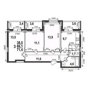 3-к квартира, строящийся дом, 71м2, 13/17 этаж